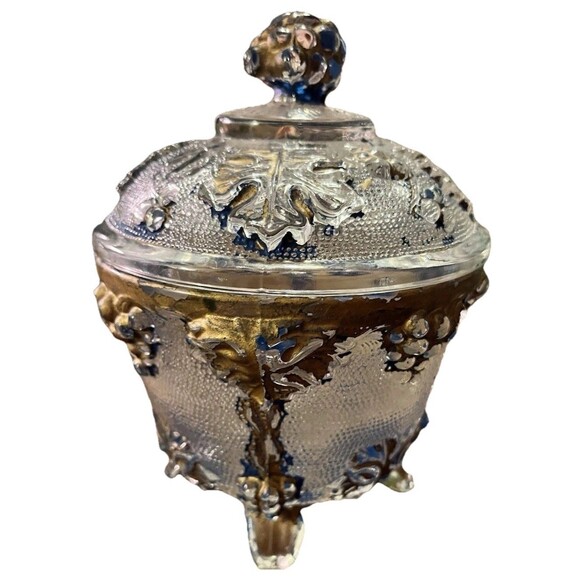 Vintage Jeanette Pink Glass, Footed Candy Bowl w Lid, Grape Design - Picture 10 of 13